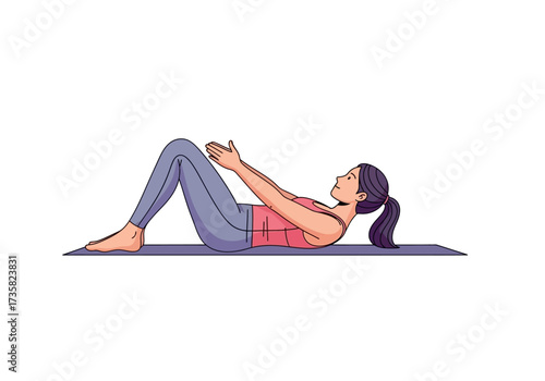 Woman doing pilates exercise on a mat with raised hands. Suitable for fitness, sports, health and wellnessrelated designs.