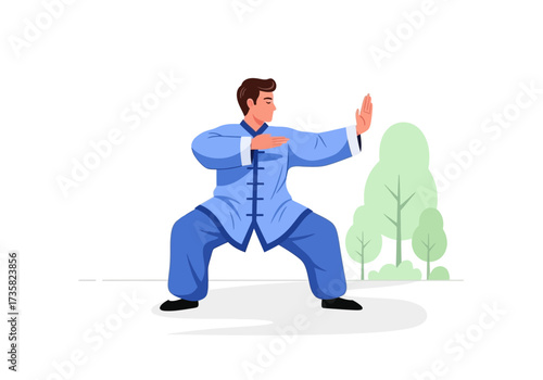Man in blue clothing practices tai chi, a chinese martial art. Ideal for fitness, wellness, martial arts, chinese culture, and relaxation content.
