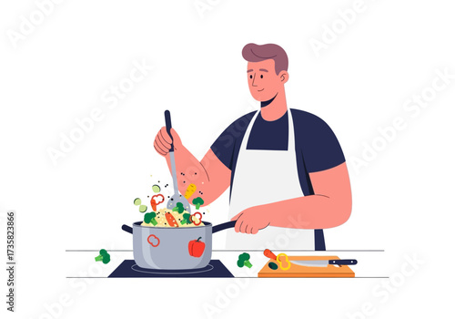 Man in an apron cooks vegetables in a pot on a stove. Suitable for cooking blogs, culinary websites, and recipes.