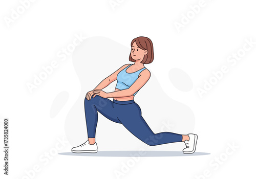Young woman stretching her leg in a lunge fitness posture. Perfect for fitness blogs, social media posts, health magazines, and workout websites.