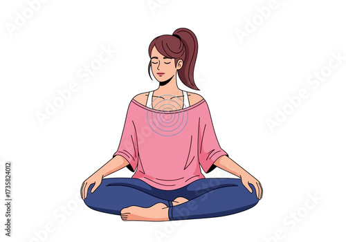 Woman meditating in lotus position with pink and blue background. Suitable for mindfulness, wellness, yoga, relaxation, and mental health concepts.