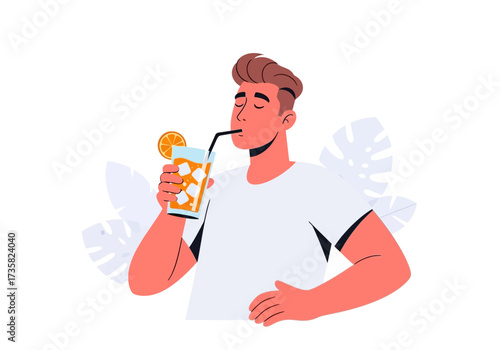 Man enjoying fruit drink with ice and straw, perfect for food and beverage advertisements. Ideal for summer promotions.