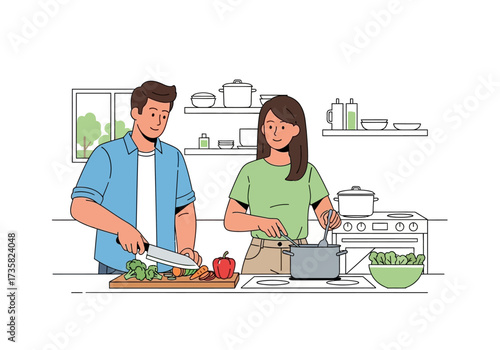 Man and woman cook together in bright kitchen. Suitable for cooking blogs, culinary websites, recipe books, or kitchen product advertisements.