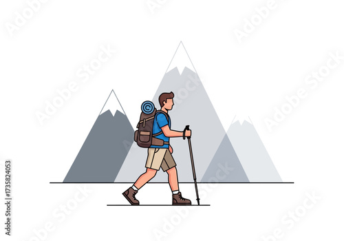 Hiker trekking towards mountains with backpack and pole. Ideal for adventure, outdoor, travel, hiking themes, and social media posts.