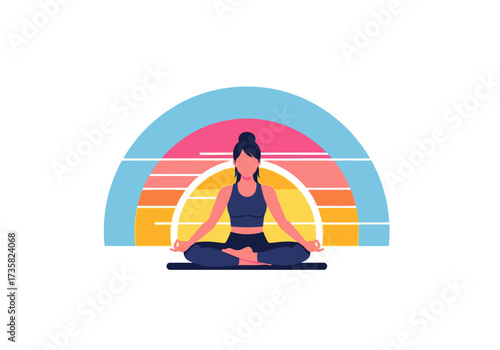 Woman meditates at sunrise or sunset. Suitable for wellness and mindfulness content, relaxation products, yoga and meditation resources.