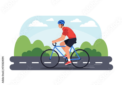 Cyclist with helmet rides a bicycle on smooth road. Suitable for sports, health, and active lifestyle designs.  
