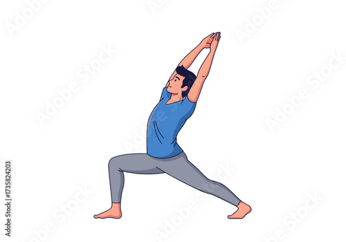 Man practicing yoga in a warrior one pose. Ideal for wellness, fitness, mindfulness, yoga themes in design, health publications, and yoga studios.