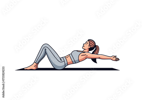 Woman doing pilates chest opening stretch on mat, suitable for fitness, exercise, wellness, flexibility training concepts in wellness industry marketing.