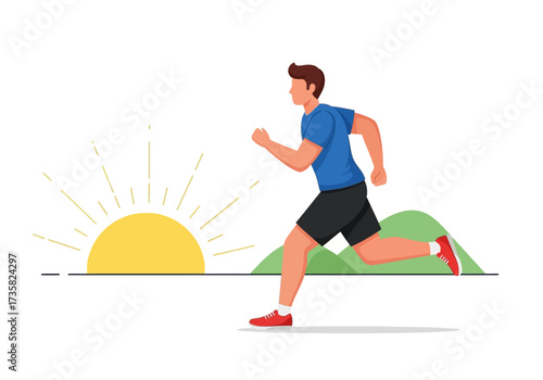 Man running near a rising sun and green hills. Suitable for health and fitness promotions, inspirational content, and outdoor activities advertising.