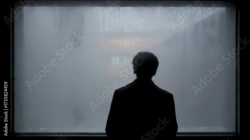 A lone figure stands silhouetted against a misted window pane, looking outwards