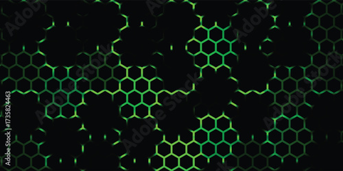 Black Hexagonal Pattern on Green Magma Background. Modern technology innovation concept. Modern background