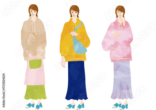 水彩風　正面を向いている女性（バックをもっているとわらっているパターン）Watercolor style People Series:Woman facing forward (laughing while holding a bag)
