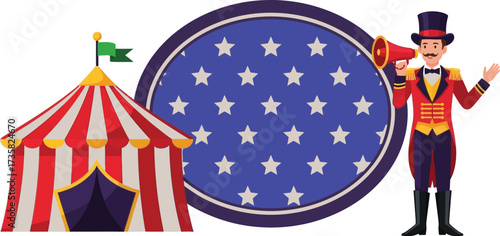 Circus tent and ringmaster vector illustration for carnival fun