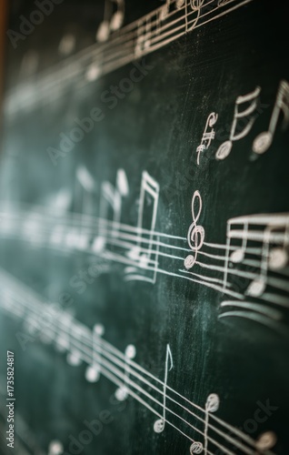 Close up of musical notes on a blackboard with light rays.