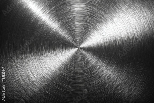 Circular spun metal surface featuring a brushed texture and reflective highlights