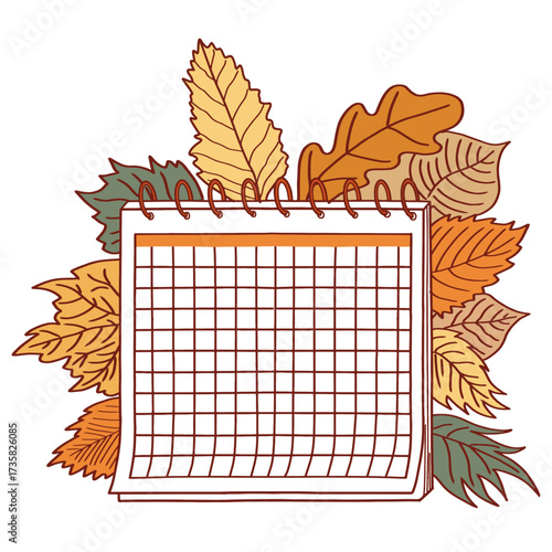 Autumn calendar planner with fall leaves vector illustration. Hand drawn ideal for fall planning, event reminders, seasonal promotions and scheduling tasks