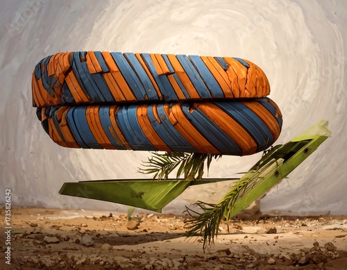 Abstract 3D object, resembling a sandwich, hovering above a concrete structure in a desert-like environment.  Vibrant colors, rough texture