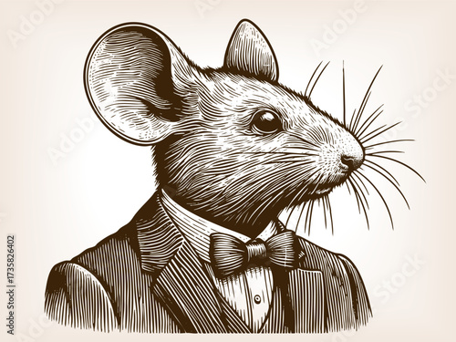 man in a suit with a mouse head, symbolizing anthropomorphism, satire, and imaginative artistic concepts sketch engraving generative ai vector illustration. Scratch board imitation. Black and white.