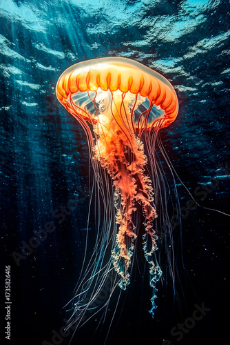A graceful jellyfish with an orange-gold dome exudes a warm light