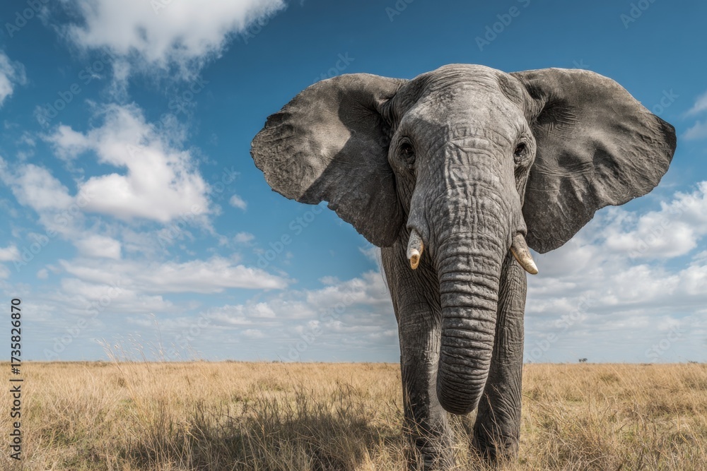 Fototapeta premium Majestic African Elephant Standing Proudly in the Savanna Under a Blue Sky.