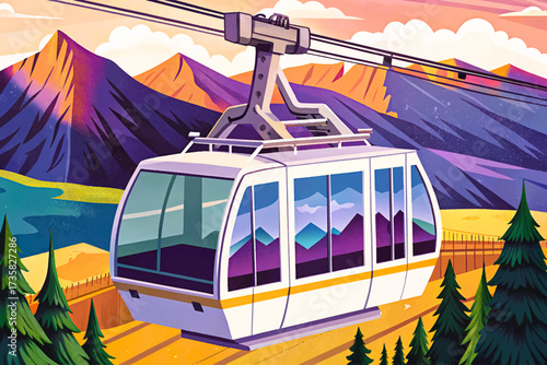 White cable car ascending, showcasing a stunning mountain vista through its expansive windows, illustrated in professional high-quality vector style, perfect for stock imagery, travel and mountain
