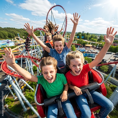 Children Enjoying Thrilling Roller Coaster Ride.