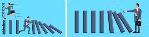 Man stopping domino effect and woman running away from falling dominoes. Financial crisis management and risk solution concept.