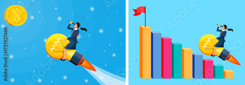 Woman flies on a lightbulb rocket toward a dollar coin and looks for success on a bar chart. Business goal and financial achievement concept.