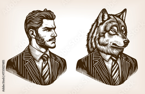 human man and a wolf-headed businessman duality, animal instinct, human character sketch engraving generative ai fictional character vector illustration. Scratch board imitation.