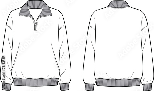 Flat sketch vector quarter zip sweatshirt template with ribbed collar cuffs hem, unisex pullover fashion cad garment illustration