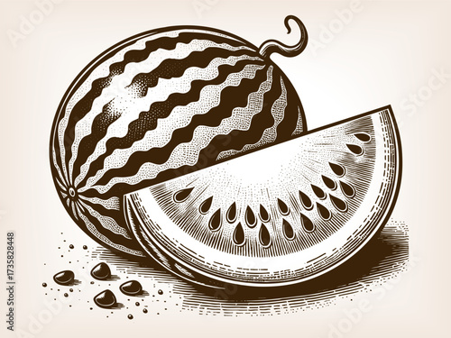 watermelon slice with seeds, symbolizing summer, tropical fruit, freshness, and healthy food sketch engraving generative ai vector illustration. Scratch board imitation. Black and white image.