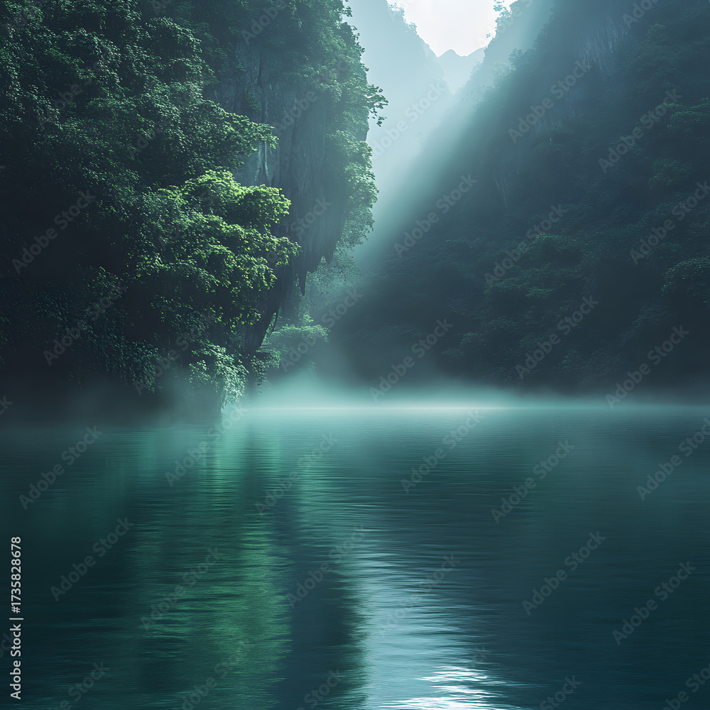 Obraz premium Dreamy wide-angle view of fog drifting over emerald waters near the cave entrance, Vietnam, dark cliffs towering behind the scene, lush jungle cascading toward the lake,