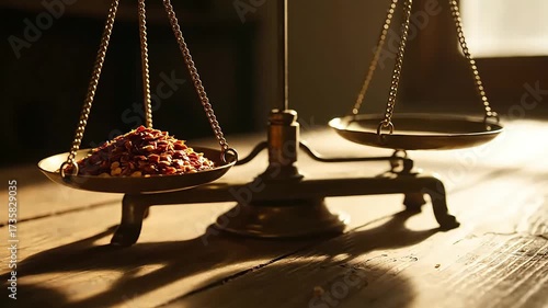 Traditional brass balance scale featuring a pile of vibrant red chili flakes on a rustic wooden table bathed in warm dramatic lighting for spice measurement 
