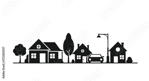 Stylized suburban neighborhood silhouette with houses and car