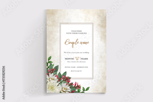 WEDDING INVITATION FRAME WITH FLOWER DECORATIONS AND FRESH LEAVES