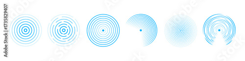 Set of blue sonar wave icons with concentric circles and touch pulse effect. Seismic radar signal, soundwave rings, ripple motion. Vector illustration for UI, tech, and alert systems.