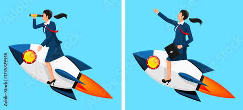 Woman riding rocket in sky, looking through telescope in one illustration and pointing in other. Businesswoman launching upwards, searching for success and future vision concept.