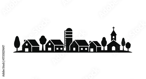 Village Silhouette with Farm Silo and Church town rural