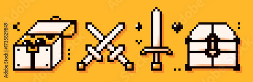 Two caskets and swords drawn in simple Y2K bit style. Pixel art icons on yellow background. 