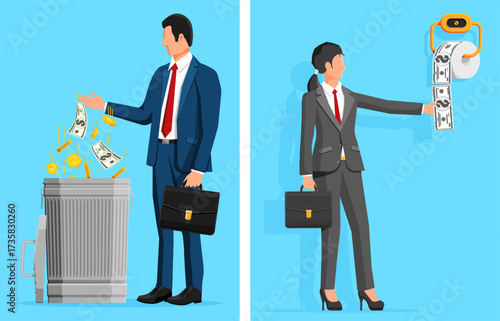 Man throwing money in trash can and woman tearing dollar bills from toilet paper. Money waste and financial loss concept.