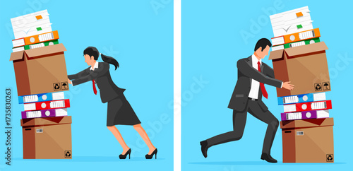 Woman and man pushing a huge pile of documents in box. Business employee with a lot of paperwork. Overwork, bureaucracy, and heavy burden concept.