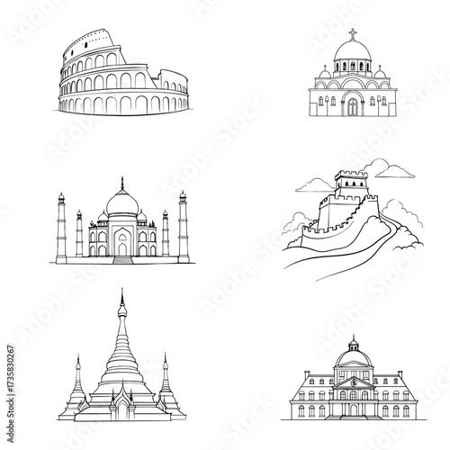 World landmarks, the Colosseum, the Taj Mahal, the Great Wall of China, the Golden Pagodas of Burma. A collection of vector line sketches of architecture.