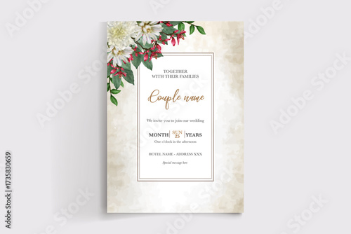 WEDDING INVITATION FRAME WITH FLOWER DECORATIONS AND FRESH LEAVES