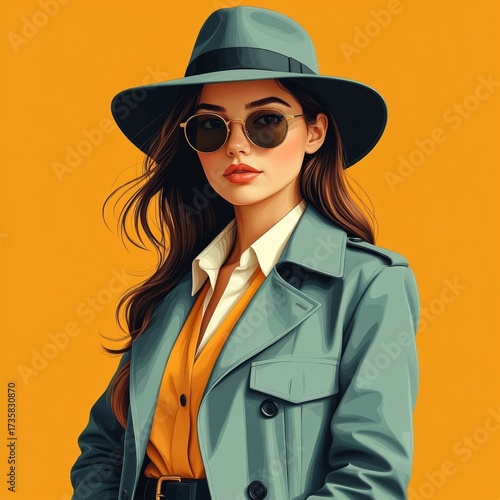 Stylish young woman wearing sunglasses and hat against orange background  