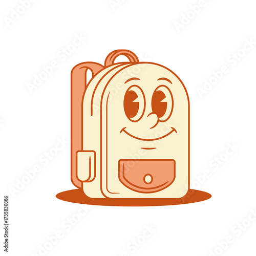 Cheerful smiling schoolbag back to school cartoon character isometric vector illustration. Cute adorable happy smile backpack bag pupil education minimalist mascot friendly positive personage