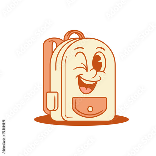 Funny smiling schoolbag back to school cartoon character winked isometric vector illustration. Happy cheerful backpack bag pupil learning education minimalist mascot having fun positive emotion