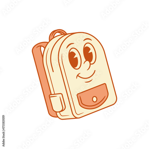 Adorable schoolbag back to school cartoon character smile isometric vector illustration. Happy cheerful cute backpack bag student pupil studying education minimalist mascot smiling positive personage