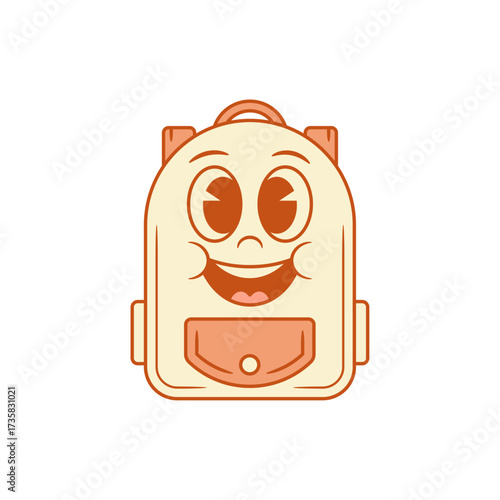 Positive cute schoolbag back to school cartoon character smiling vector flat illustration. Happy cheerful smile backpack bag pupil student education minimalist mascot laughing rejoice joy emotion