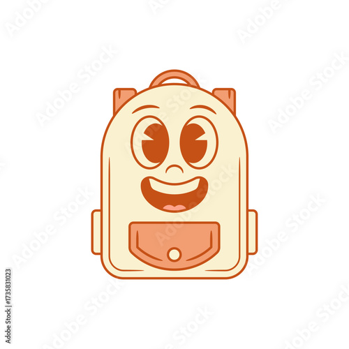 Happy smile schoolbag back to school cartoon character vector flat illustration. Adorable smiling cheerful laughing backpack bag pupil studying minimalist mascot joy with positive emotion