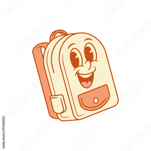 Laughing funky schoolbag back to school cartoon character isometric vector illustration. Smiling happy positive backpack bag college student education minimalist mascot smile joyful rejoice emotion